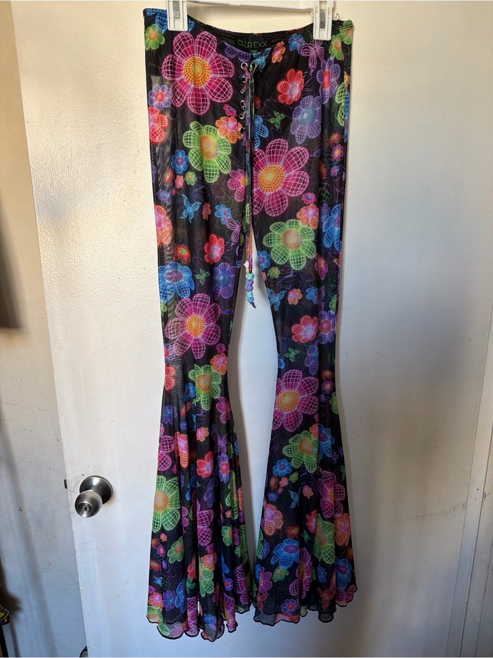Club Exx Neon Mesh Floral Lace Up Bell Bottom Rave Pants XS